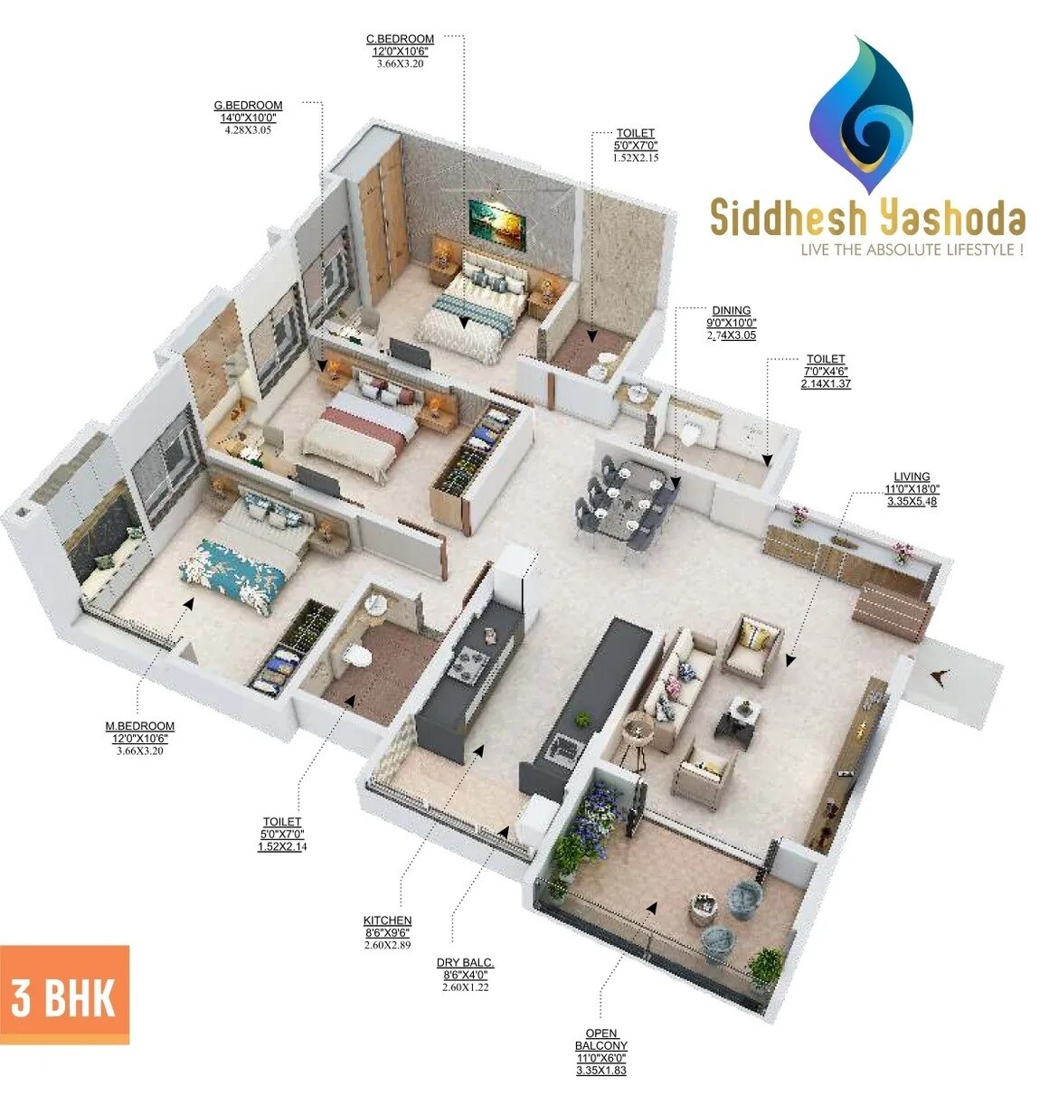Floor plan of 3 BHK 1040 Sq. Ft. Apartment in Siddhesh Yashoda, Pune