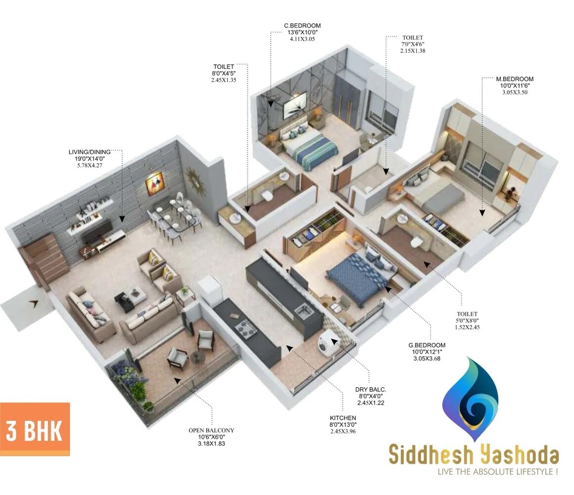 Floor plan of 3 BHK 1110 Sq. Ft. Apartment in Siddhesh Yashoda, Pune