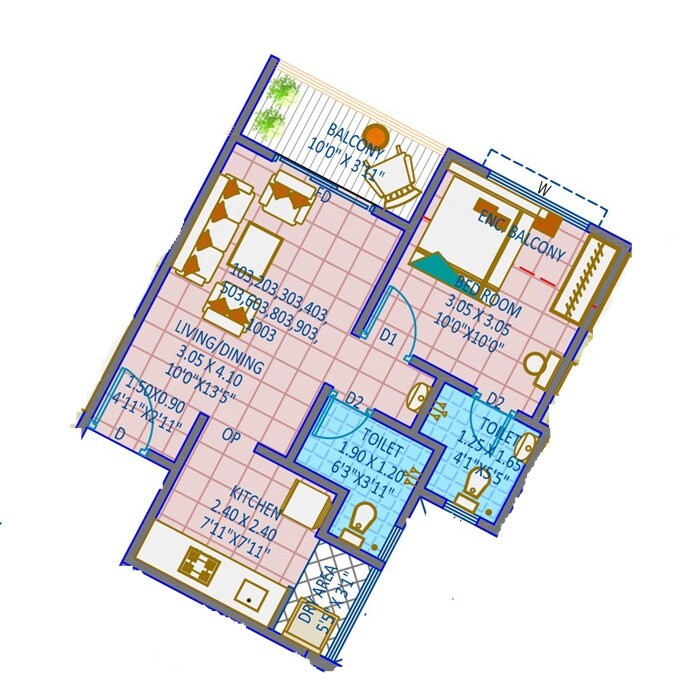 Floor plan of 1 BHK 472 Sq. Ft. Apartment in Siddhhidata 96 Arrcade, Pune