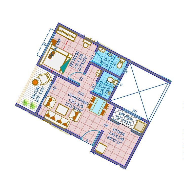 Floor plan of 1 BHK 480 Sq. Ft. Apartment in Siddhhidata 96 Arrcade, Pune