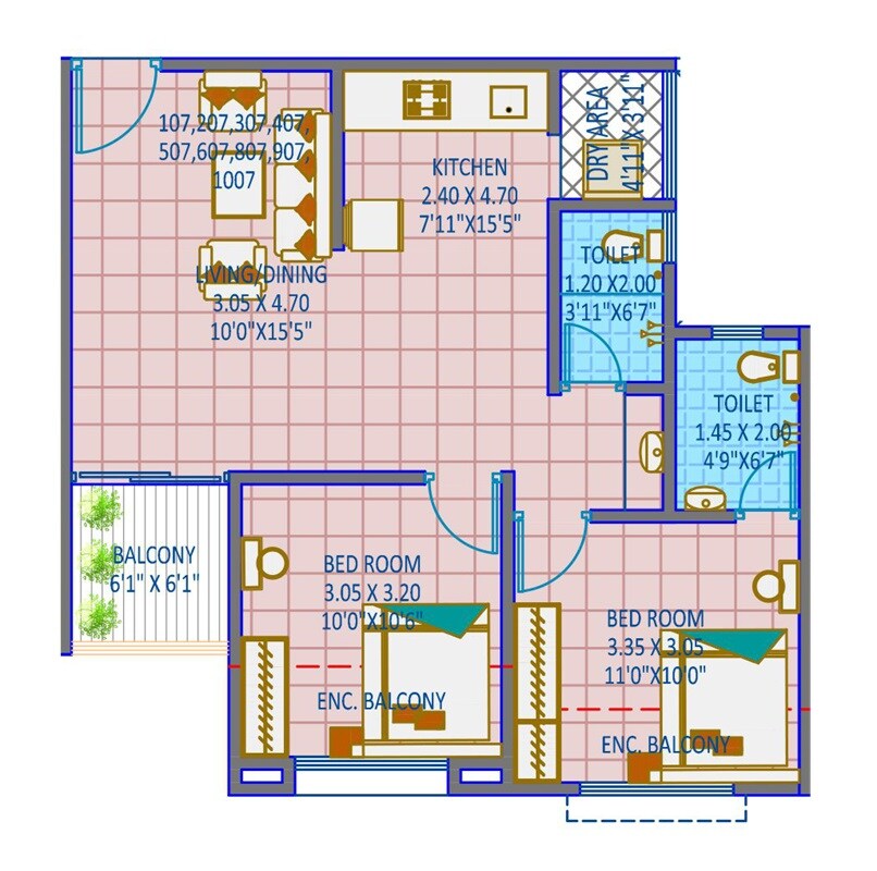 2 BHK 666 Sq. Ft. Apartment