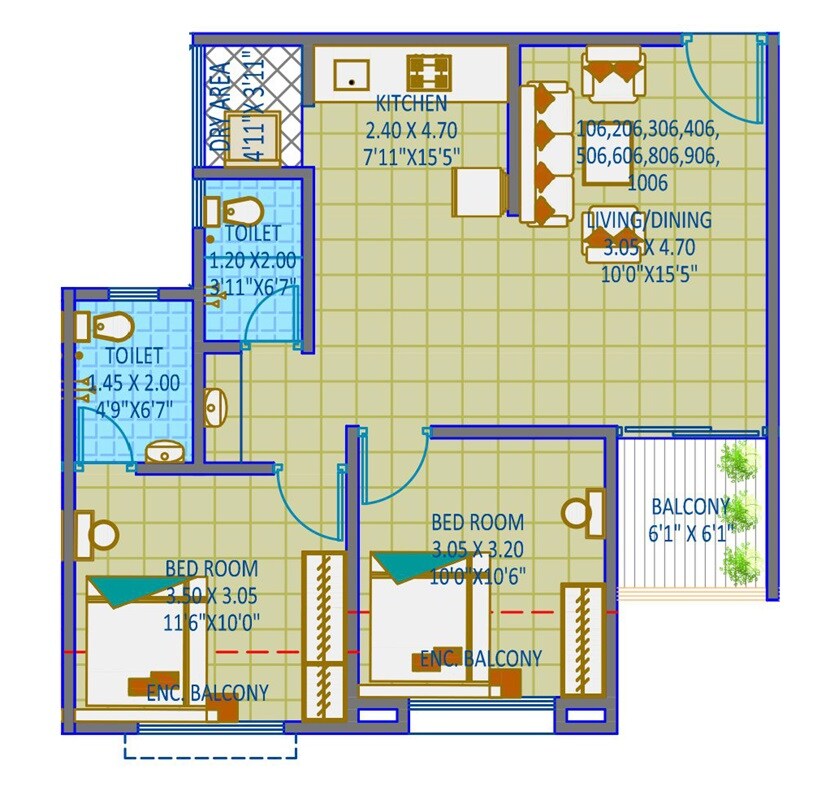 Floor plan of 2 BHK 670 Sq. Ft. Apartment in Siddhhidata 96 Arrcade, Pune