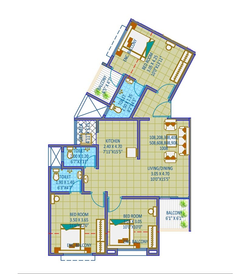 Floor plan of 3 BHK 922 Sq. Ft. Apartment in Siddhhidata 96 Arrcade, Pune