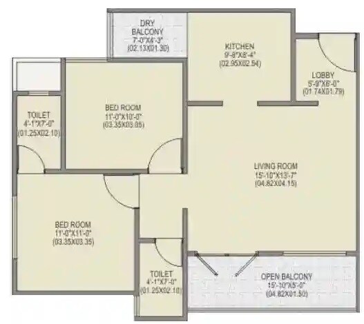 Floor plan of 2 BHK 748 Sq. Ft. Apartment in Siddhi Nisarg, Pune