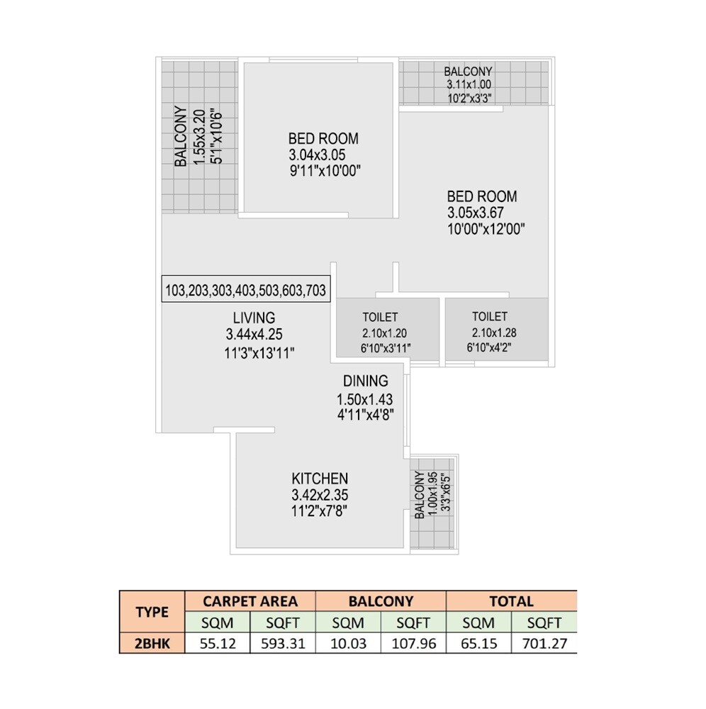 Floor plan of 2 BHK 701 Sq. Ft. Apartment in Siddhi Skylark, Pune