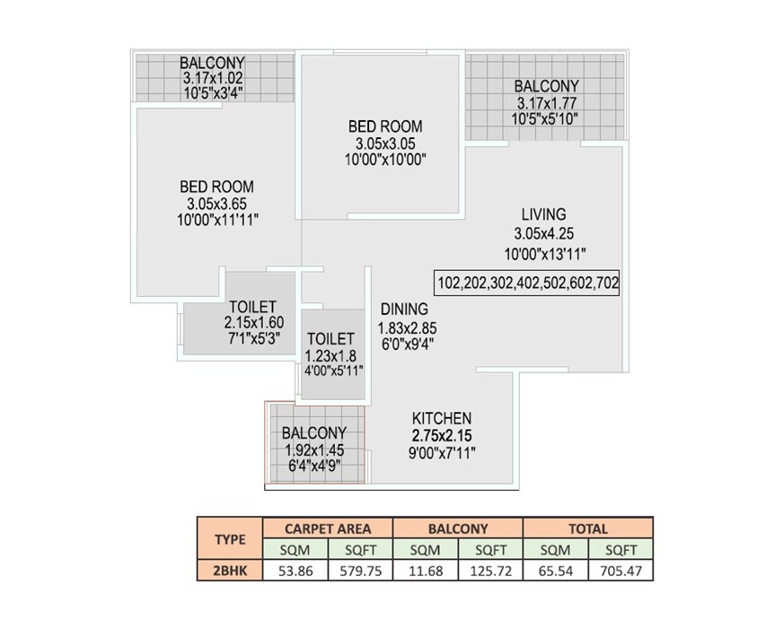 2 BHK 705 Sq. Ft. Apartment