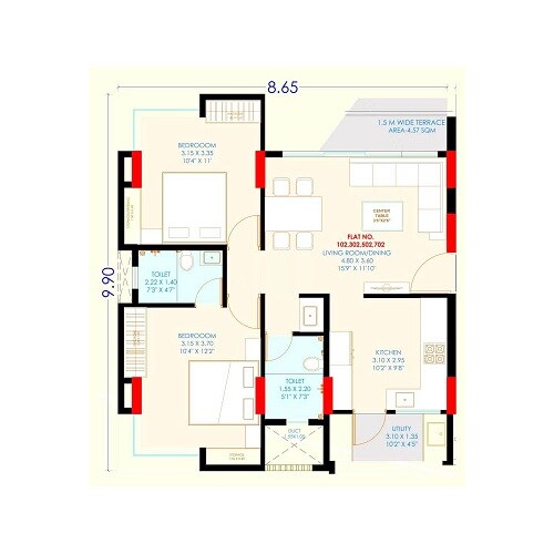 Floor plan of 2 BHK 690 Sq. Ft. Apartment in Siddhi Splendid Homes, Pune