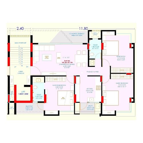 Floor plan of 3 BHK 986 Sq. Ft. Apartment in Siddhi Splendid Homes, Pune