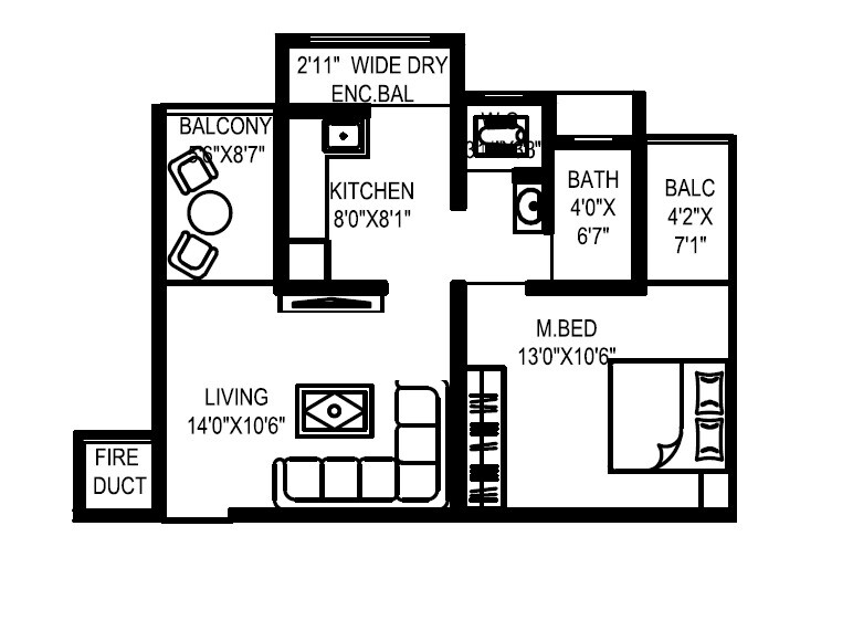 Floor plan of 1 BHK 533 Sq. Ft. Apartment in Siddhidata Seventy 7 Skyway, Pune