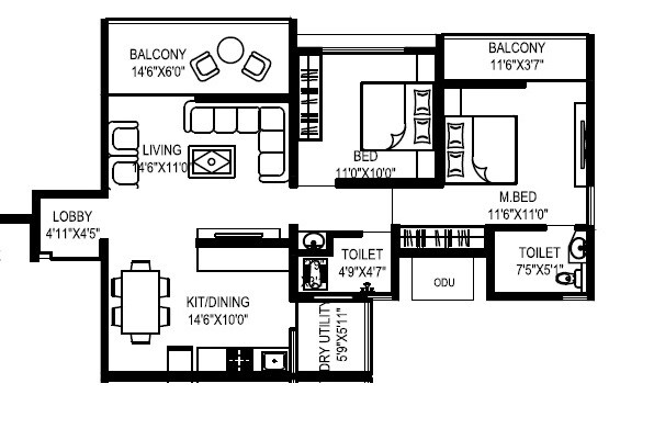 Floor plan of 2 BHK 868 Sq. Ft. Apartment in Siddhidata Seventy 7 Skyway, Pune