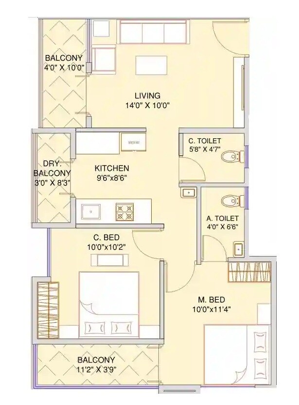 Floor plan of 2 BHK 531 Sq. Ft. Apartment in Siddhidata Siddhivinayak Apartment, Pune