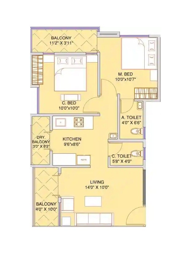 Floor plan of 2 BHK 637 Sq. Ft. Apartment in Siddhidata Siddhivinayak Apartment, Pune