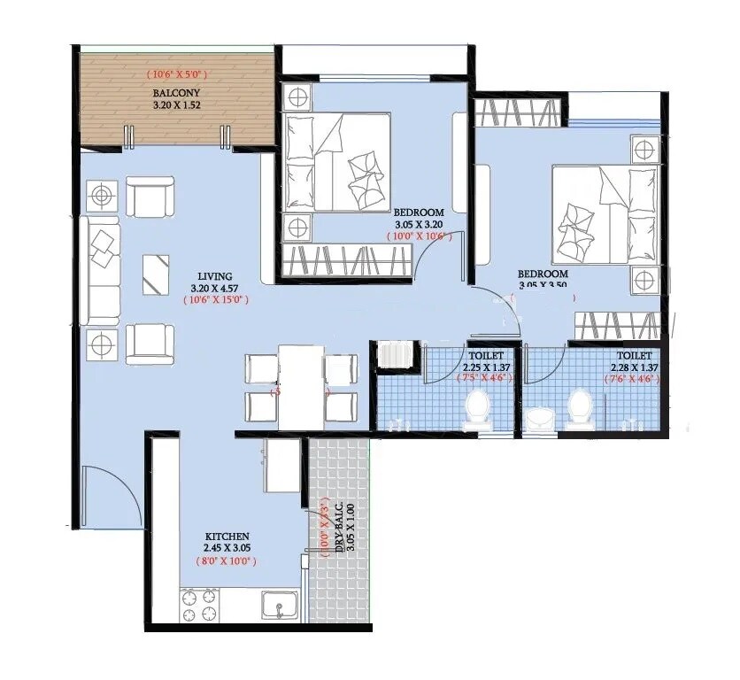 Floor plan of 2 BHK 739 Sq. Ft. Apartment in Siddhivinayak Eternity Towers, Pune