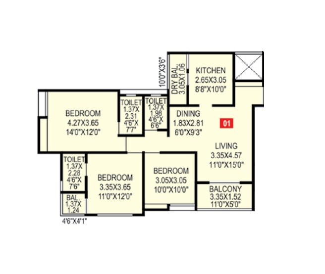 Floor plan of 3 BHK 1025 Sq. Ft. Apartment in Siddhivinayak Eternity Towers, Pune