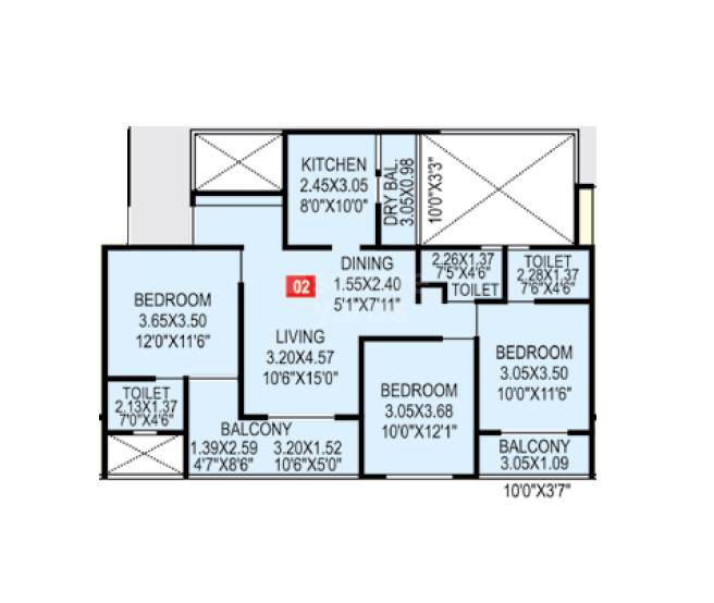 Floor plan of 3 BHK 1039 Sq. Ft. Apartment in Siddhivinayak Eternity Towers, Pune