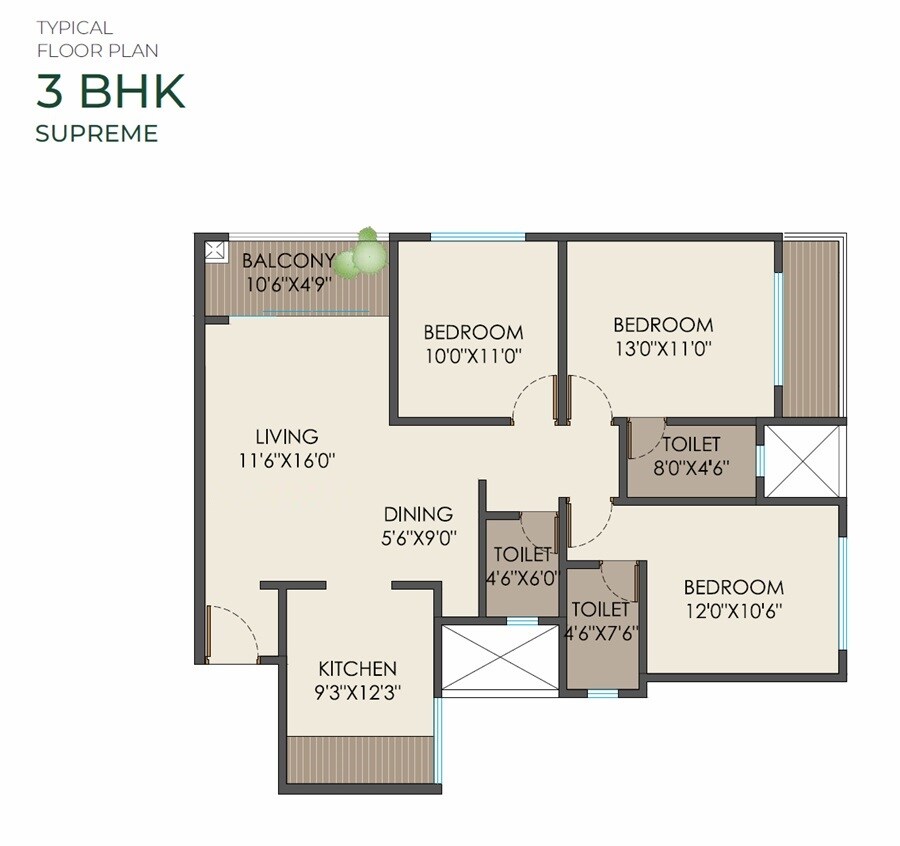 Floor plan of 3 BHK 1073 Sq. Ft. Apartment in Siddhivinayak Magnus Parkway, Pune