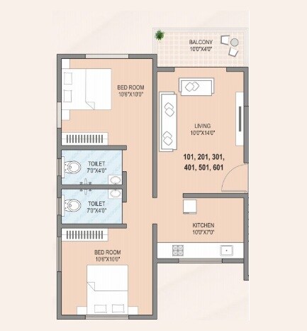 Floor plan of 2 BHK 497 Sq. Ft. Apartment in Siddhivinayak Shree Ganesha Heights, Pune
