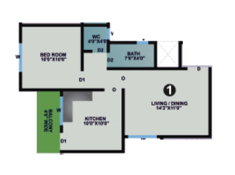 Floor plan of 1 BHK 492 Sq. Ft. Apartment in Siddhivinayak Shri Swami Samarth Complex, Pune