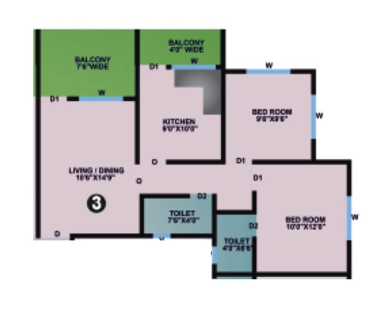 Floor plan of 2 BHK 660 Sq. Ft. Apartment in Siddhivinayak Shri Swami Samarth Complex, Pune