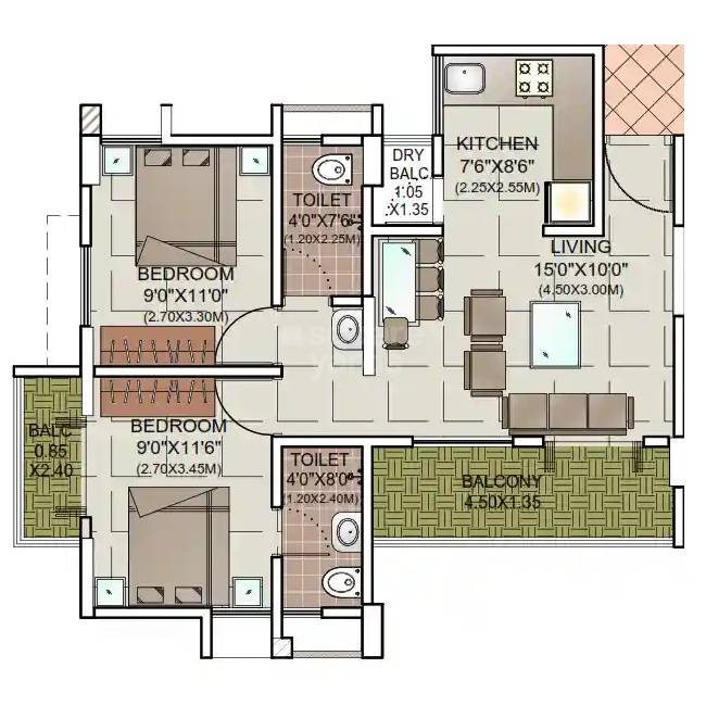Floor plan of 2 BHK 553 Sq. Ft. Apartment in Siddhivinayak Shubh Aarambh, Pune