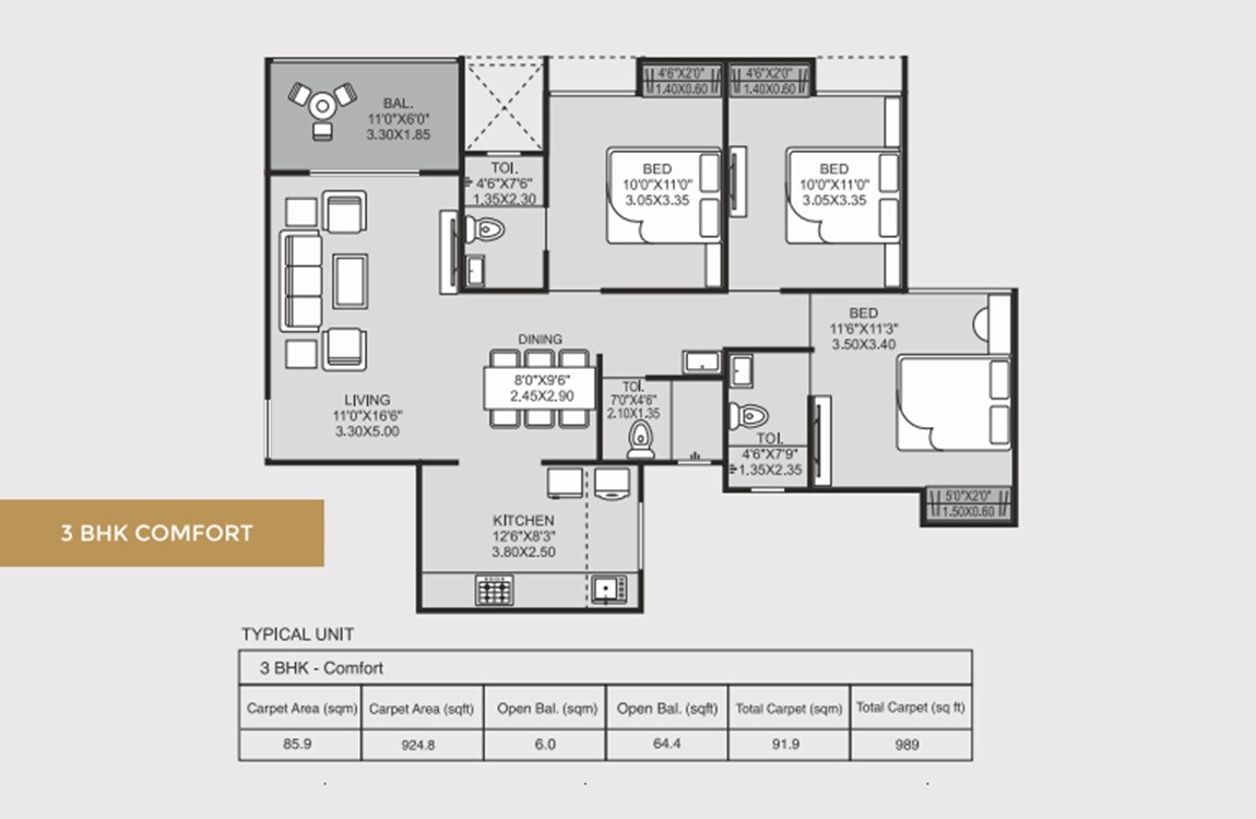 Floor plan of 3 BHK 989 Sq. Ft. Apartment in Siddhivinayak Vision Exotica, Pune