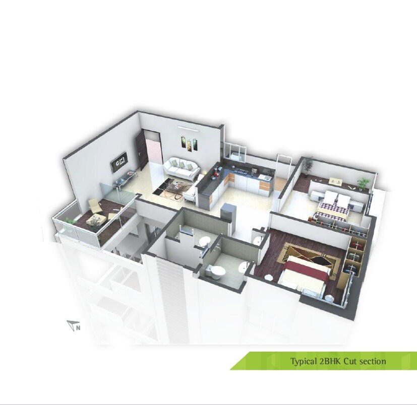 Floor plan of 2 BHK 674 Sq. Ft. Apartment in Sigma Centuria, Pune