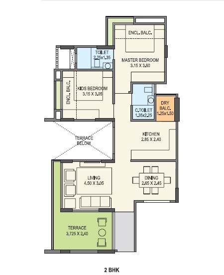 Floor plan of 2 BHK 645 Sq. Ft. Apartment in Sigma One Courtyard One, Pune