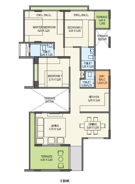 Floor plan of 3 BHK 749 Sq. Ft. Apartment in Sigma One Courtyard One, Pune