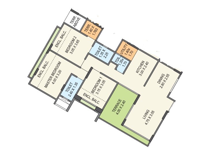 Floor plan of 3 BHK 843 Sq. Ft. Apartment in Sigma One Courtyard One, Pune