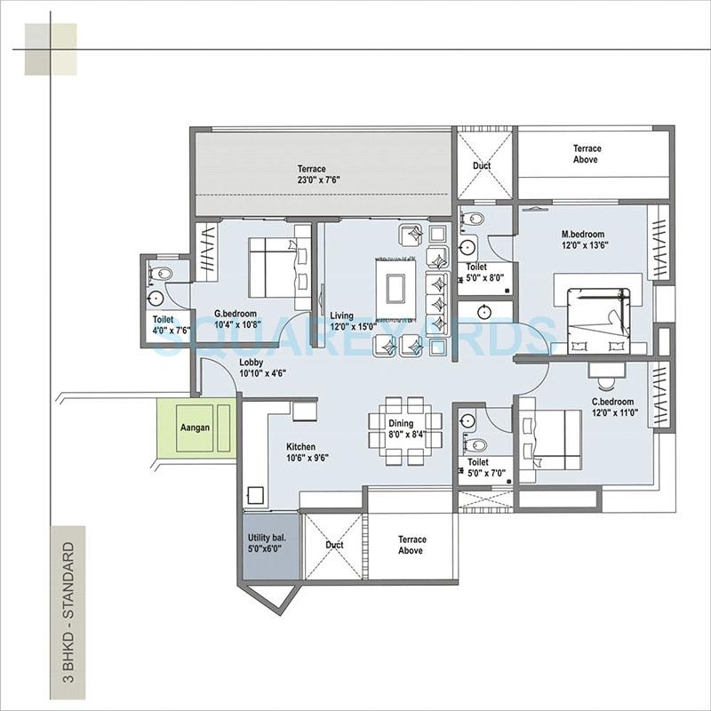 Floor plan of 3 BHK 1460 Sq. Ft. Apartment in Sigma One Grand Stand, Pune