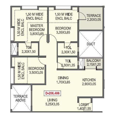 Floor plan of 3 BHK 788 Sq. Ft. Apartment in Sigma One La Cabana, Pune