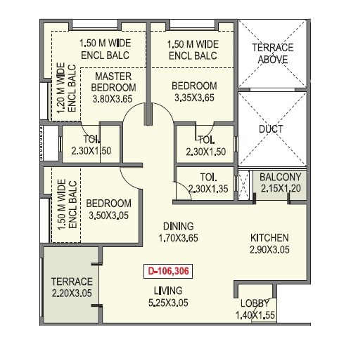 Floor plan of 3 BHK 829 Sq. Ft. Apartment in Sigma One La Cabana, Pune