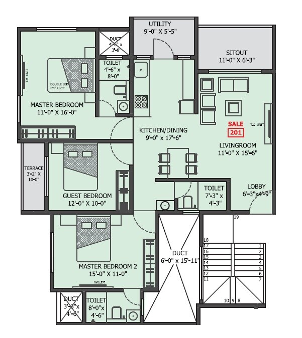 Floor plan of 3 BHK 1187 Sq. Ft. Apartment in Signet Arohini CHS, Pune