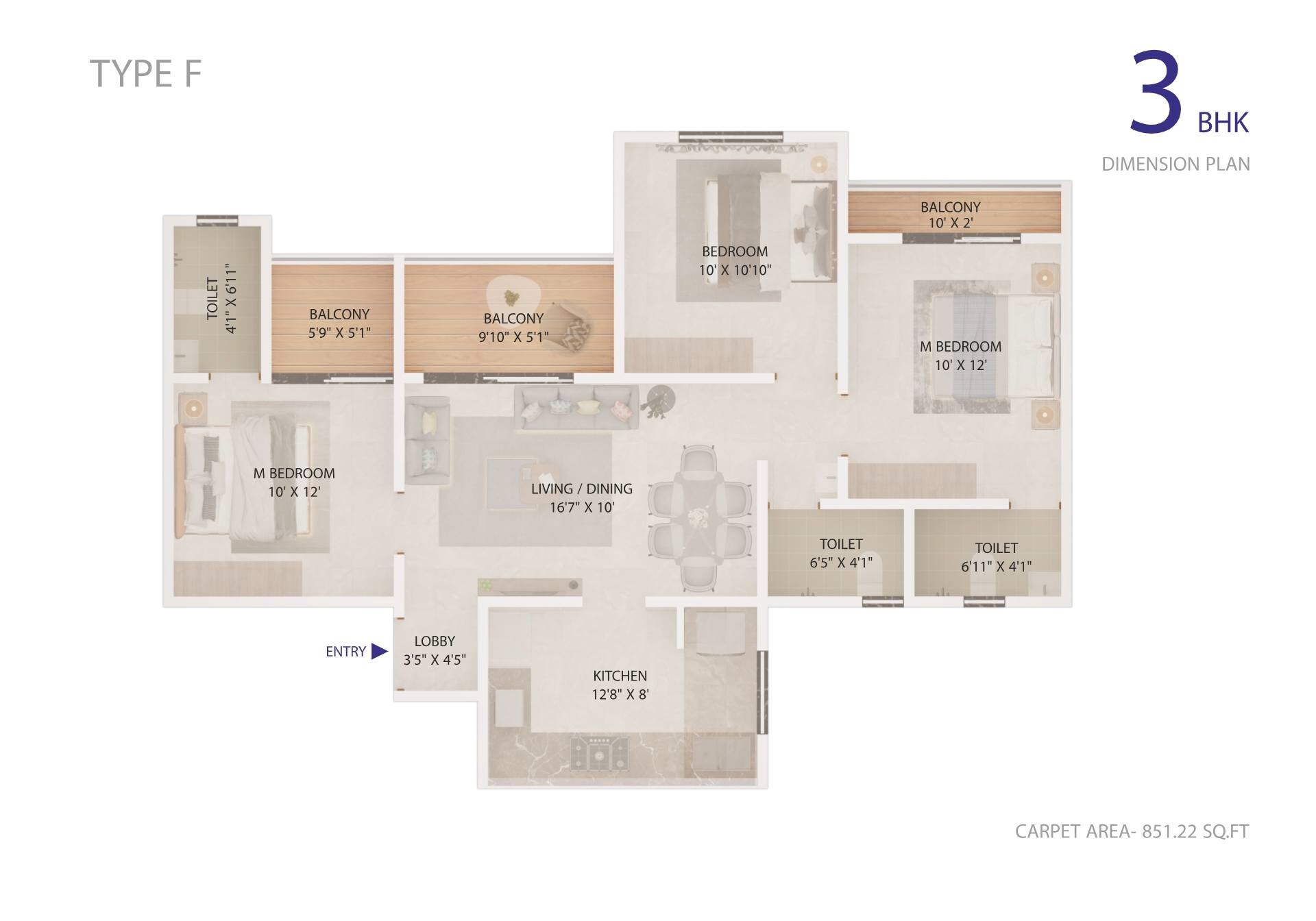 Floor plan of 3 BHK 851 Sq. Ft. Apartment in Silver Galaxy, Pune