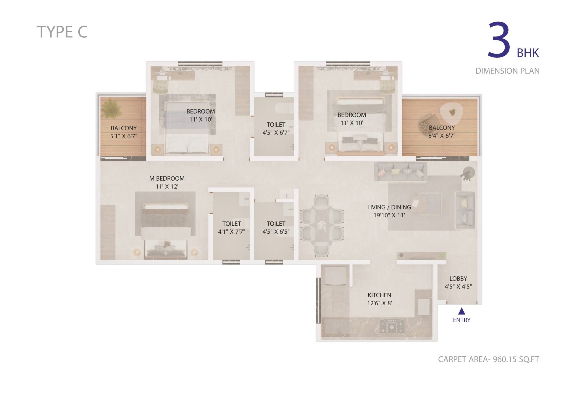 3 BHK 960 Sq. Ft. Apartment