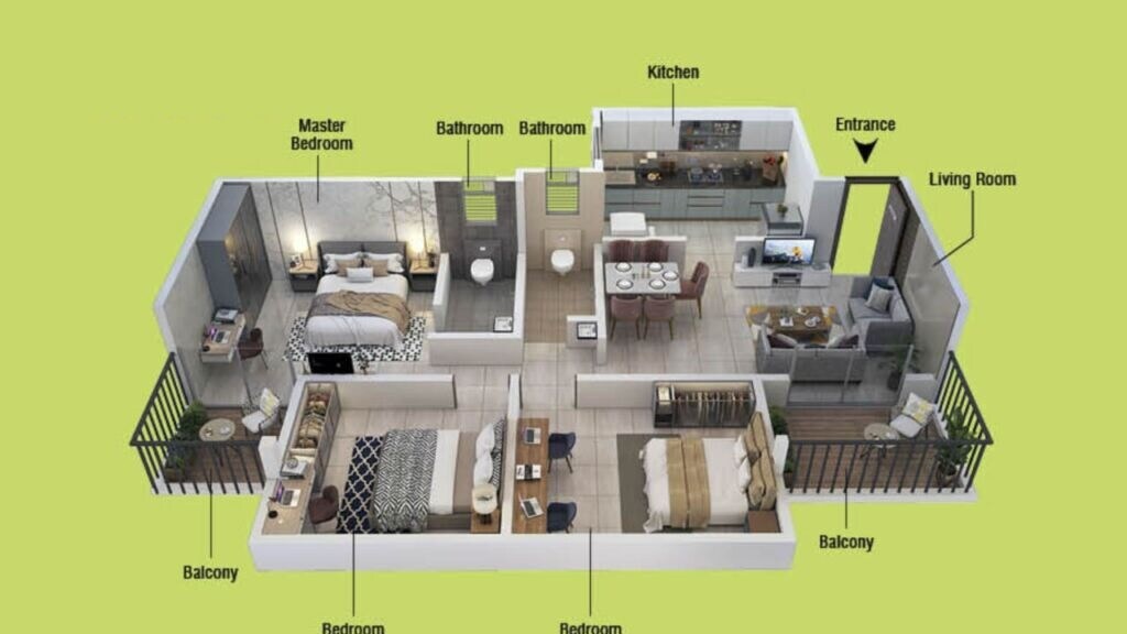 Floor plan of 3 BHK 1029 Sq. Ft. Apartment in Silver Gardenia, Pune
