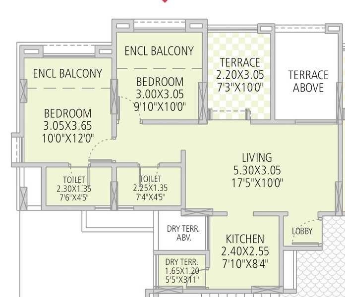Floor plan of 2 BHK Apartment - 553 sq. ft. in Silver Land Residency Phase 1, Pune