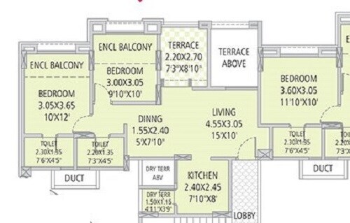 Floor plan of 3 BHK Apartment - 653 sq. ft. in Silver Land Residency Phase 1, Pune