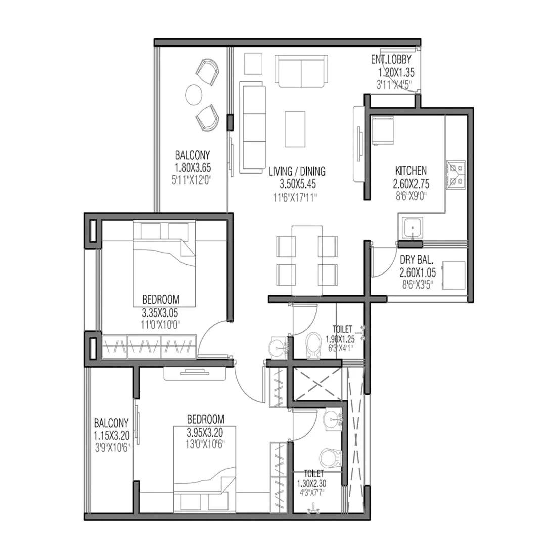 Floor plan of 2 BHK 764 Sq. Ft. Apartment in Silver Meteor, Pune
