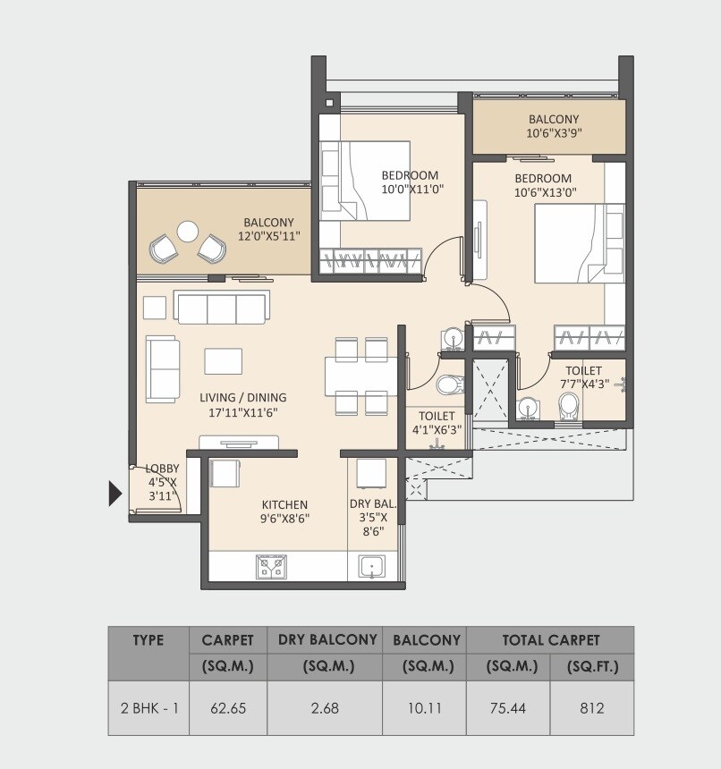 Floor plan of 2 BHK 812 Sq. Ft. Apartment in Silver Meteor, Pune