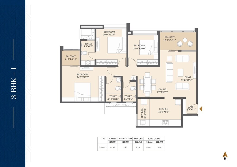 Floor plan of 3 BHK 1096 Sq. Ft. Apartment in Silver Meteor, Pune