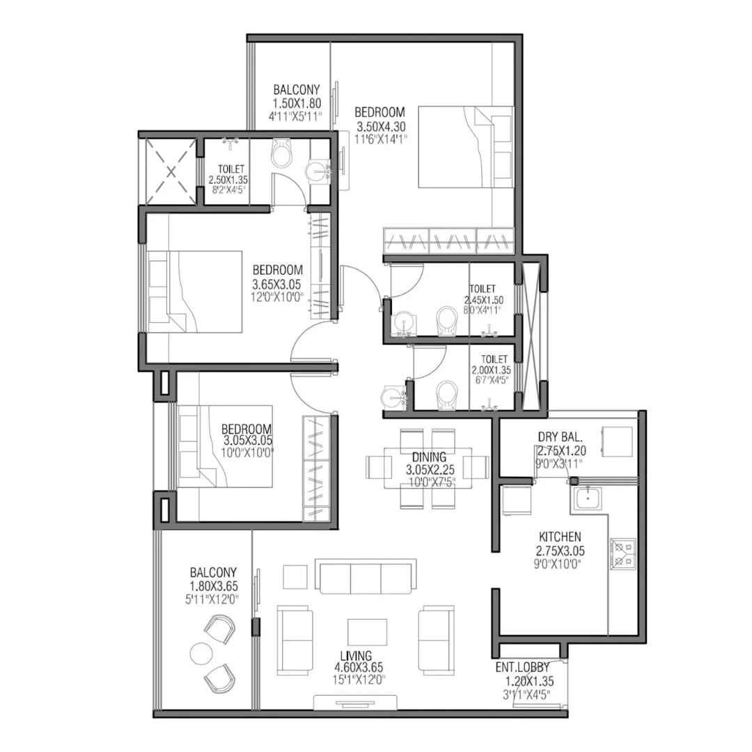 Floor plan of 3 BHK 943 Sq. Ft. Apartment in Silver Meteor, Pune