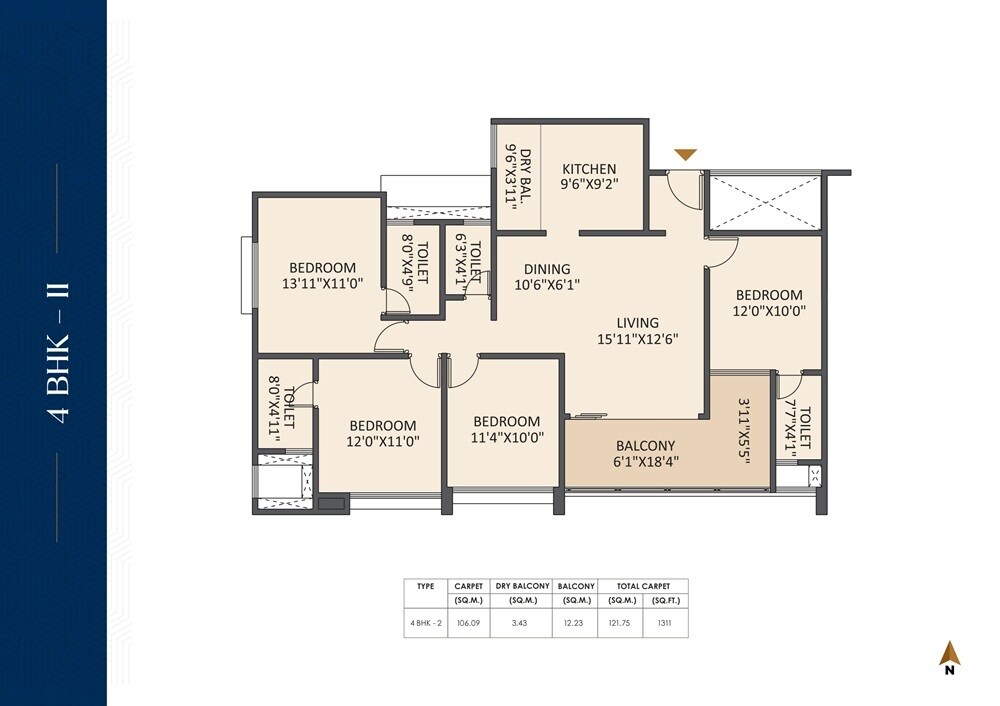 Floor plan of 4 BHK 1311 Sq. Ft. Apartment in Silver Meteor, Pune