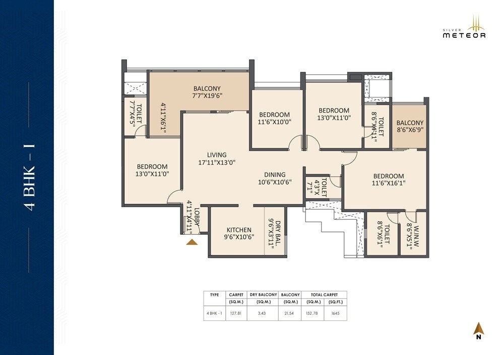 Floor plan of 4 BHK 1645 Sq. Ft. Apartment in Silver Meteor, Pune
