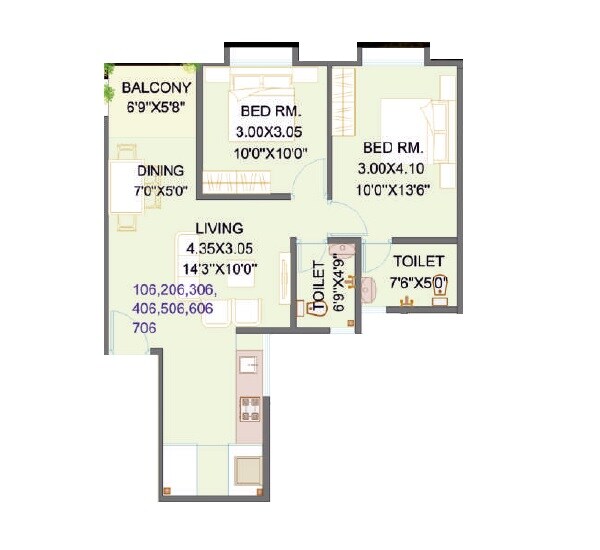 Floor plan of 2 BHK 659 Sq. Ft. Apartment in Silver Orchid, Pune