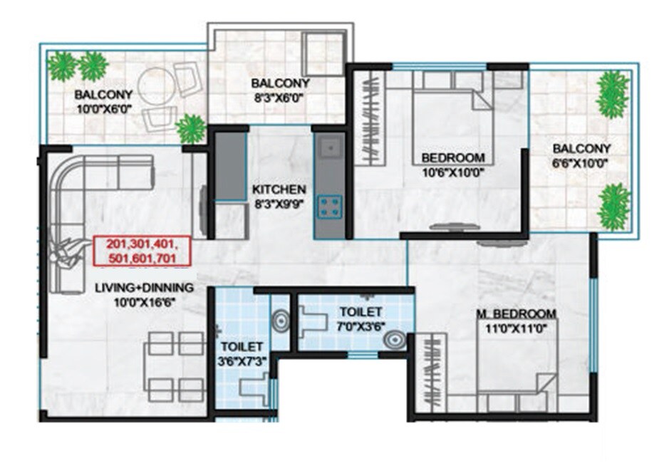 Floor plan of 2 BHK 744 Sq. Ft. Apartment in Silver Paradise Pimple Gurav, Pune