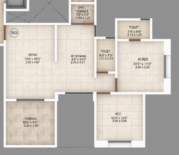 Floor plan of 2 BHK 735 Sq. Ft. Apartment in Silver Park Phase 1, Pune