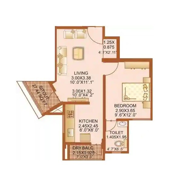 Floor plan of 1 BHK 448 Sq. Ft. Apartment in Sitangan Plaza, Pune
