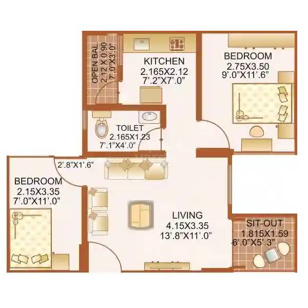Floor plan of 2 BHK 506 Sq. Ft. Apartment in Sitangan Plaza, Pune