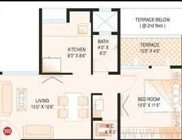 Floor plan of 1 BHK 640 Sq. Ft. Apartment in Six Wishes, Pune